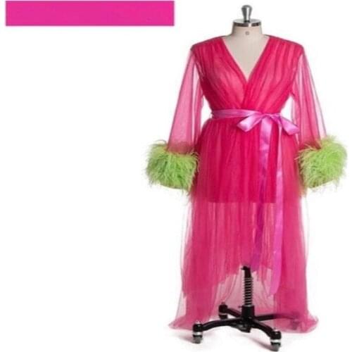 Newest Ostrich Feather Night Gown Bride Sleepwear Robes Tulle Custom Made Long Sleeves Dressing Gown Women Sexy Sleepwear