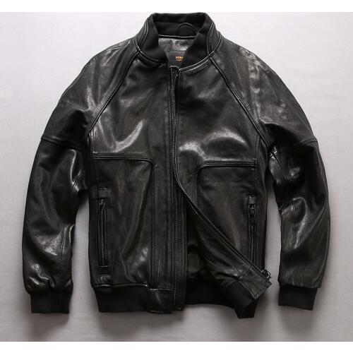2018 New Men Black Genuine Leather Jacket Vegetable tannin Sheepskin Black Casual Short Threaded sleeve Baseball Jackets