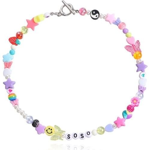 Smiley Y2K Glass Eyeball Heart Star Choker Necklace For Women Acrylic Pearl Necklace Young Fashion Handmade Party Jewelry New
