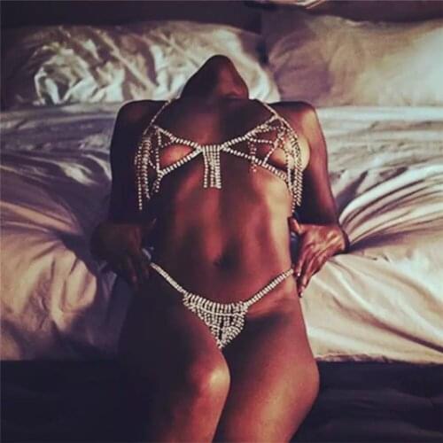 Sexy Crystal Body Harness Chain Bra and Thong Jewelry for Women Fashion Bling Rhinestone Bikini Set Underwear Body Jewelry