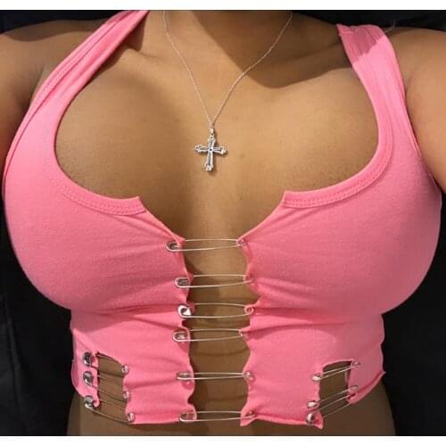 Sexy Cute Women Hollow Out Pins Cropped Tops Pink Slim Split Tank Tops Strapless Party Nightclub Wear Crop Shirts Summer 2021