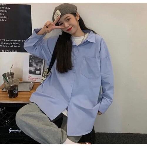 Casual shirt for men Mens shirt Long Sleeve Loose Pure Color shirt men Blue White Camisa Hombre L korean clothing Fashion 2021