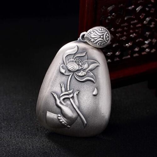 S999 Sterling Silver Buddha Letter Engrave Vintage Pendant Goddess Of Mercy bodhisattva Tibetan Jewelry Pendant Necklaces