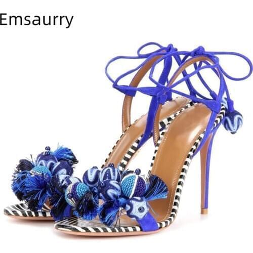 Wool Knitting Ball Tassels Sandals Women Ankle Wrap Striped Color Fringed Pompoms Square Heel Suede Party Shoes Woman