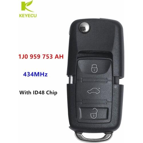 KEYECU Replacement Flip Remote Key 3 Button 434MHz ID48 Chip 1J0 959 753 AH for VOLKSWAGEN Passat/Bora/Polo/Golf/Beetle