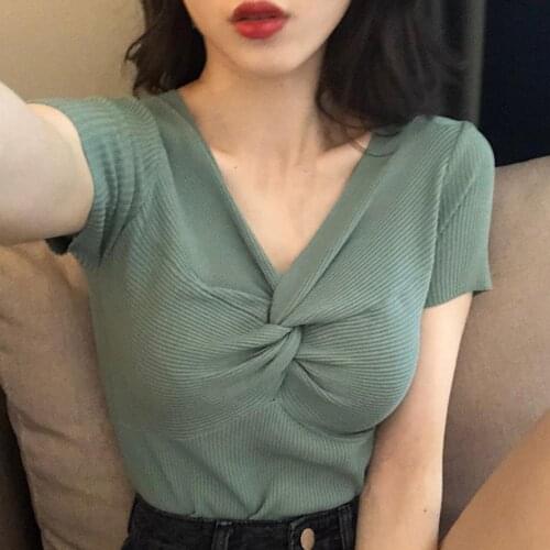 Solid Color T-Shirt for Women 2021 Summer Short Sleeve Slim Knitted Crop Top Women Sexy V-neck Cross Wrap Tops Femme T-Shirts
