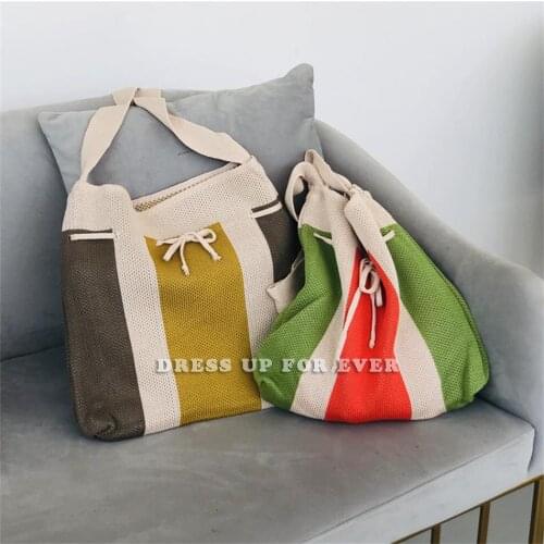 Contrasting Color Patchwork Drawstring Pleated Bucket Bag Knitted Wool Large Capacity Casual Shopper Crossbody Shoulder Tote Bag