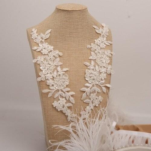 Ivory High Quallity Handmade Alencon Lace Appliques Floral Embroidered Patches Wedding Supplies Bridal Hair Flower 2Piece A001