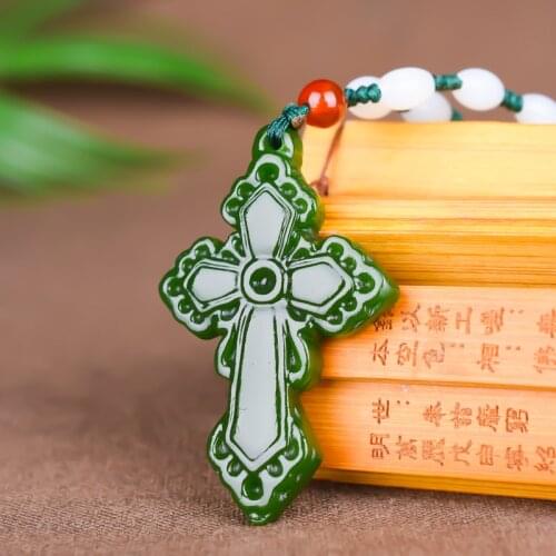 Green Jade Cross Pendant Necklace Natural Chinese Carved Jadeite Jewelry Charm Amulet Fashion Gifts for Women