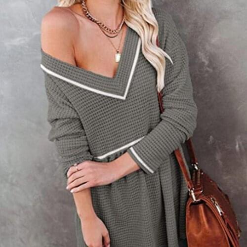 Women V Neck Tunic Top Long Sleeve Knit Pullover Sweater Casual Off Shoulder Retro Loose Swing Sexy Top Autumn New