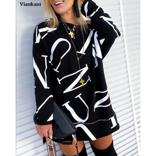 Women Letters Split Dress O Neck Long Sleeve A-Line Party Dresses Ladies 2021 Sundress Casual Patchwork Knee Vestidos