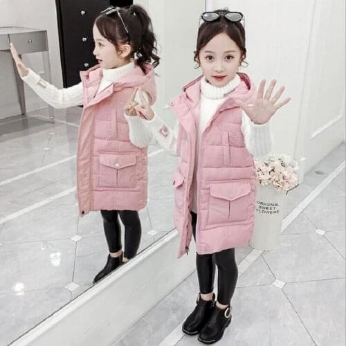 Winter 4-12Girls Vests Childrens Outwear Hooded Thicken Long Solid Color Sleeveless Waistcoats For Teenage Toddler Clothes