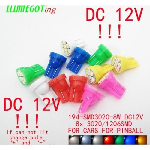 100pcs T10 W5W 194 168 Wedge LED Bulb 8 SMD 3020 1206 Colorful Super Bright DC 12V for Pinball Game Machine Led Lamps