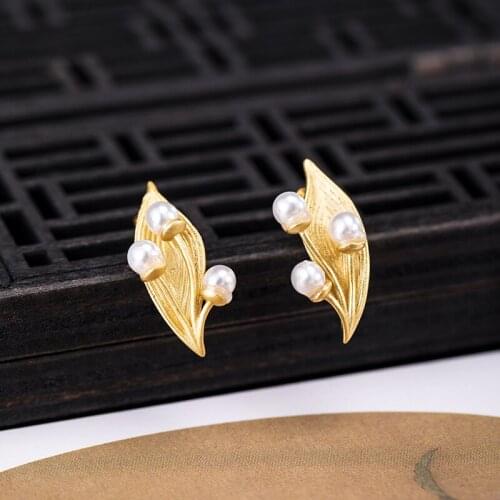 925 Sterling Silver Golden Female Pearl Earrings 2021 Trend For Women Stud Fruit Shape Jewelry Ethnic Ancient Style Temperament