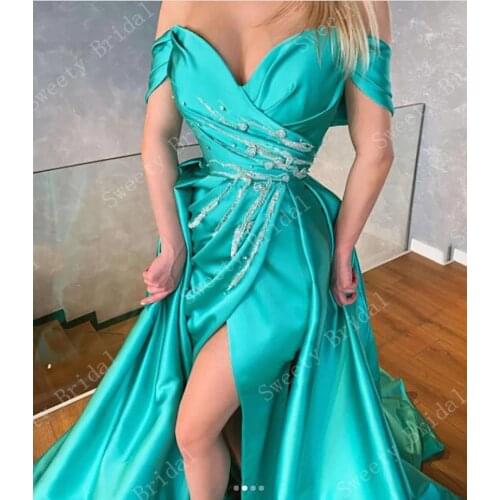 Turquoise Off The Shoulder Mermaid Evening Dresses Beaded Train Arabic Special Occasion Dresses High Split Evening Party Gowns