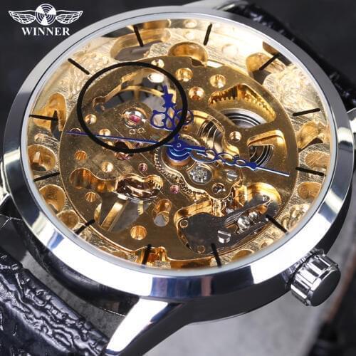 WINNER Luxury Golden Skeleton Retro Noble Mens Mechanical Wrist Watch Leather Strap transparent wristwatch Relogio Masculino