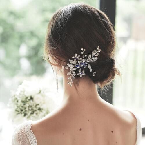 Leaf Hair Combs Silver/Blue Crystal Wedding Hair Accessories Pearl Women Bridal Hair Jewelry Tiara Handmade Elegant Ornament