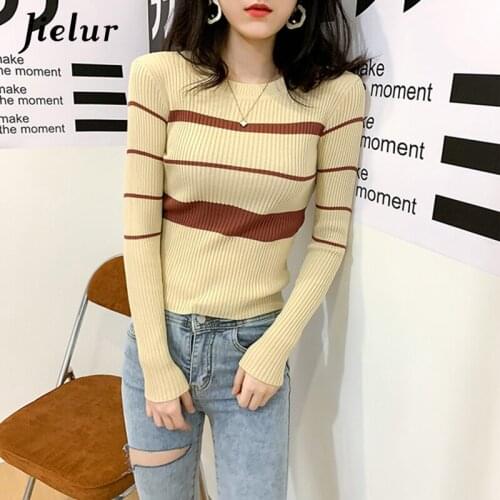 Jielur Fall Winter Spell Color Striped Sweater Apricot Black Short Top Girls Lady Skinny Bottoming Shirt O-neck Knitwear S-L