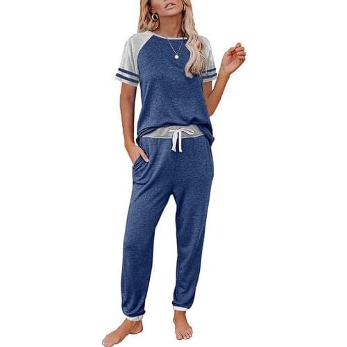 Summer Women Casual Home Sets Twopiece Solid Color Patchwork Stripe O-neck Short Sleeve T Shirt Lace Up Trousers Slim Pants Suit