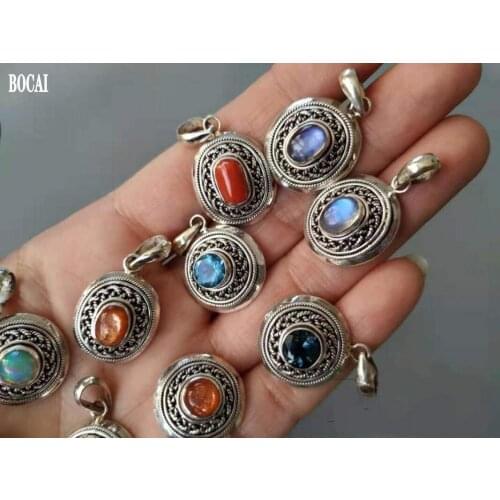 BOCAI New 2021 Trend Nepalese Handmade Jewelry Real s925 Silver Natural Crystal/topa Moonstone Woman Small Pendant Court Style