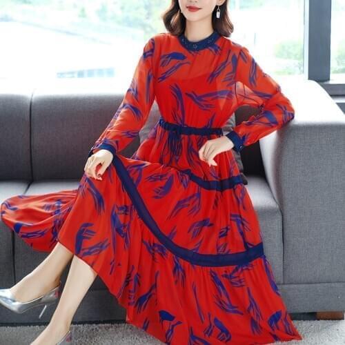 Autumn Winter Vintage Red Floral Mulberry Silk Midi Dresses 2021 Casual 3XL Plus Size Dress Women Elegant Bodycon Party Vestidos