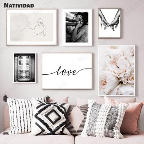 Fashion Poster Black and White Woman Window In Hand Painting Wall Art Canvas Painting Flower Picture Modern Living Room Painting