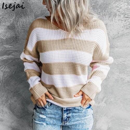 Striped V Neck Stitching Sweaters Womens Long Sleeve Autumn Winter Pullover Knitted Jumper Sweaters 2021