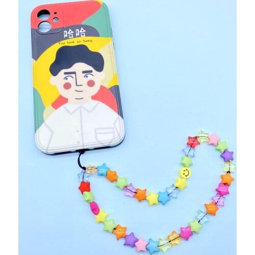 Smiley Beaded Anti-lost Phone Charm Chain Rainbow Soft Ceramic Lanyard Strap Mobile for Girls Phone Choker Keys String
