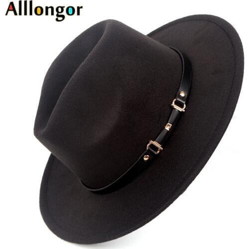 Autumn Fashion 2020 Winter Wide Brim Fedora Hat Men Black Solid Vintage wool Felt Hats For Women bonnet homme