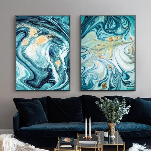 Blue Marbling Golden Pattern Modern Wall Art Canvas Painting Nordic Posters And Prints Wall Pictures For Living Room Decoration