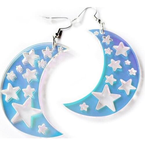 Super Flash Dazzling Laser Color Transparent Acrylic Hollow Out Star Moon Cloud Raindrop Earrings Women Pentacle Jewelry E21017