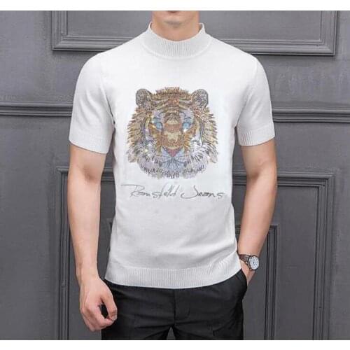 Diamonds Sweater Men Short Sleeve O-Neck Pullover Men Clothing Autumn Winter Fashion Casual Slim Fit Rhinestones Sweaters