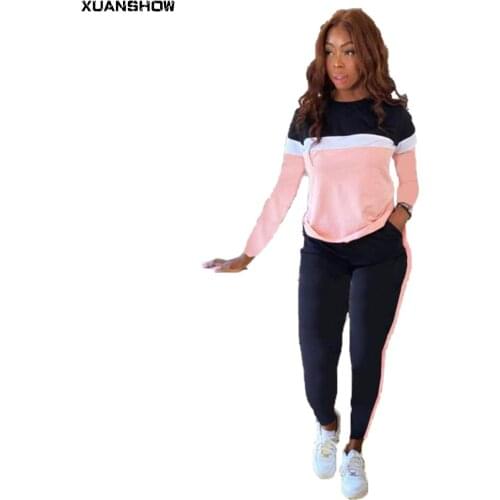 XUANSHOW Fashion Spring Autumn Tracksuit Women Long Pant 2 Piece Set Sportswear Patchwork Long Sleeve Pant Suits Dresy Damskie