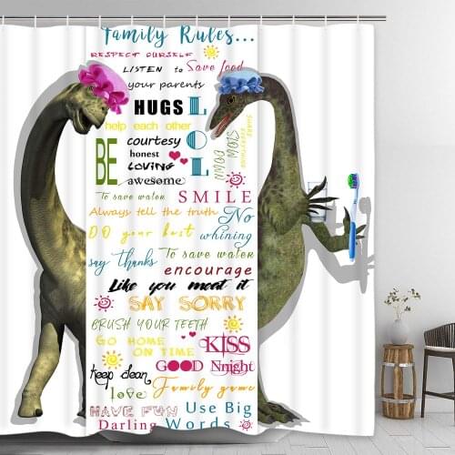 Funny Dinosaur Dinosaur and Colorful Words Curtain with 12 Hooks, Durable Waterproof Fun Animal Bath Curtain
