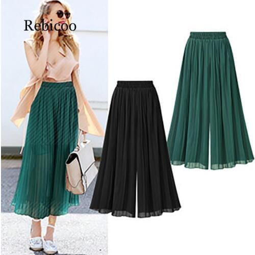 Plus Size Chiffon Pants Women Pleated Pant Thin Wide Leg Pant Ankle Length Wide-Legged Trousers High Waist Casual Skirts Pants
