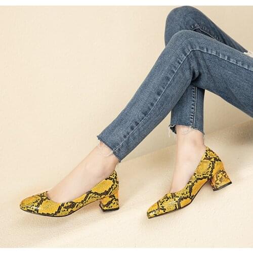 YMECHIC Fashion 2020 Women Shoes Shallow Snake Print Yellow Red White Shallow Block Heels Office Dress Career Shoes Woman Pumps