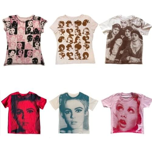 E-girl Vintage Crop Top Y2K Aesthetic Face Portrait Graphic T-shirt Harajuku Tie Dye Women Summer Sweats Tee Gothic Streetwear