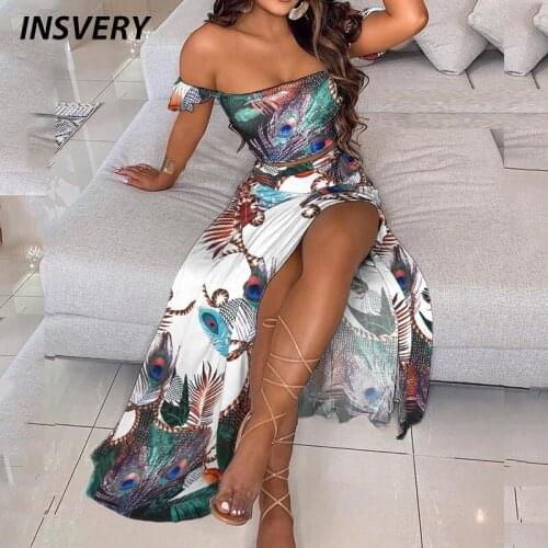 New Floral Print Dress Women Off Shoulder Crop Tops Skirt Suit Women Slim Sexy Two Piece Set Fashion Party Wear Print Outfits
