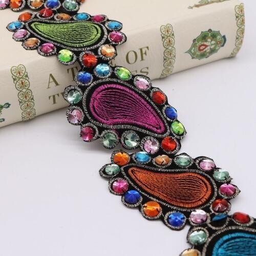 15Yards Ethnic Embroidery Rhinestone Beaded Lace Trim Vintage Adhesive Patchwork Webbing Clothing Accessories Iron On Patches