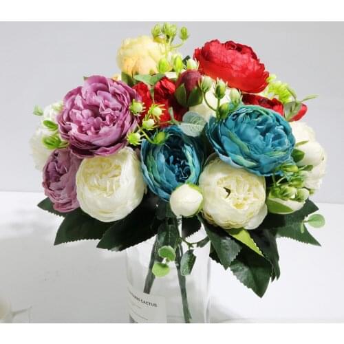 30cm Rose Pink Silk Peony Artificial Flowers Bouquet 5 Big Head &4 Bud Faux Fake Flowers for Home Party Bride Wedding Decoration