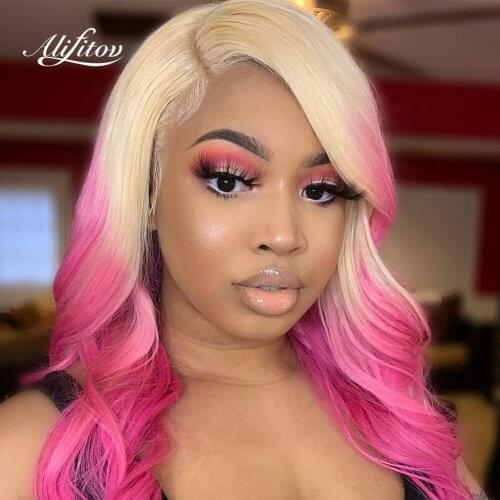 ALIFITOV Pink Blue Ombre Lace Front Wigs Body Wave Colored Human Hair Wigs With Baby Hair Transparent Lace Wigs For Black Women