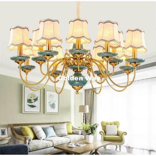 Free Shipping Nordic Pendant Lamp American Bronze Ceramic Antique Living Bedroom Chandelier Lighting Bronze Frame+Fabric Shades