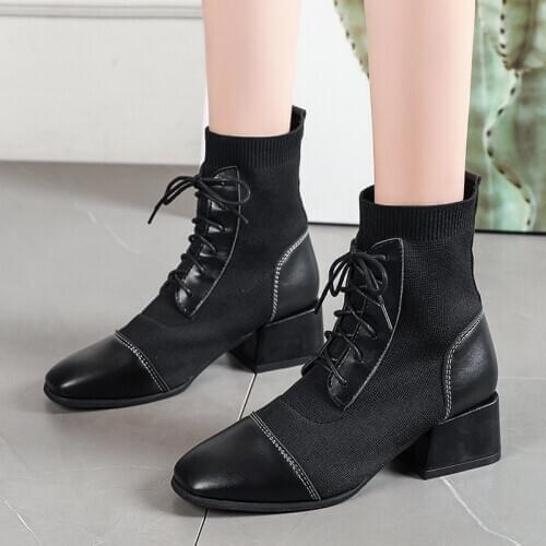 Ankle Boots Woman Lace Up Shoes Black Square Heel Casual Leather Boots Fashion Botas Mujer Knitted Sock Boots Plue Size