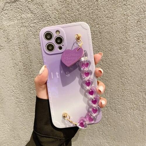 Korean Style Purple Heart Wrist Chain Case for iPhone 12 Pro Max Back Phone Cover for 12 11 Pro Max X XS XR 8 7 Plus SE 2020