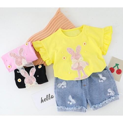 Childrens Clothing 2021 Summer New Baby Girl Bunny Short-sleeve Top Denim Shorts Two-piece Suit Cartoons Cute Girls Clothes Set