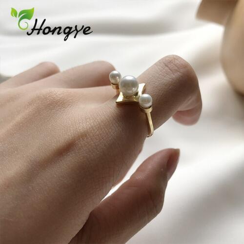 Hongye Fine Jewelry Women Pearl Ring Gold Color Finger Accessories Party Adjustable Beaded Female Fashion Appointment Engagement