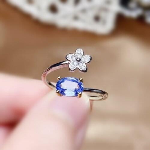 Natural real tanzanite flower adjustable ring Per jewelry 5*7mm 0.95ct gemstone 925 sterling silver Fine jewelry Q2142317