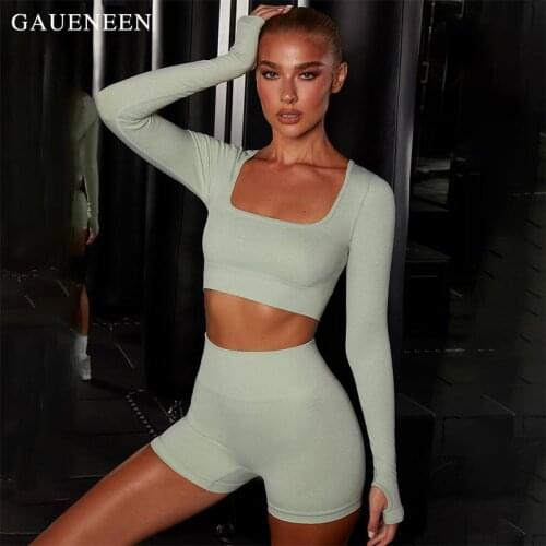 GAUENEEN Seamless Yoga Sets Women Gym Clothes Sportswear Square Neck Long Sleeve Crop Top and Shorts Set Fitness Clothing 2PCS