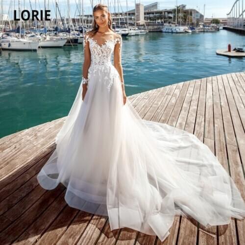 LORIE Vintage Wedding Dresses 2021 O-Neck Appliques Lace Long Sleeves Beach Wedding Gown Bride Dress Long Train abito da sposa