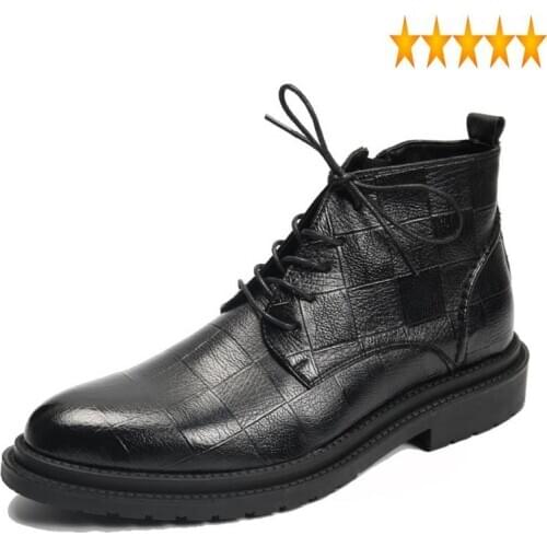 Lining Men Fleece Winter Formal Ankle Boots Business Work Genuine Leather Lace Up Office High Top Pointed Toe Safety Shoes